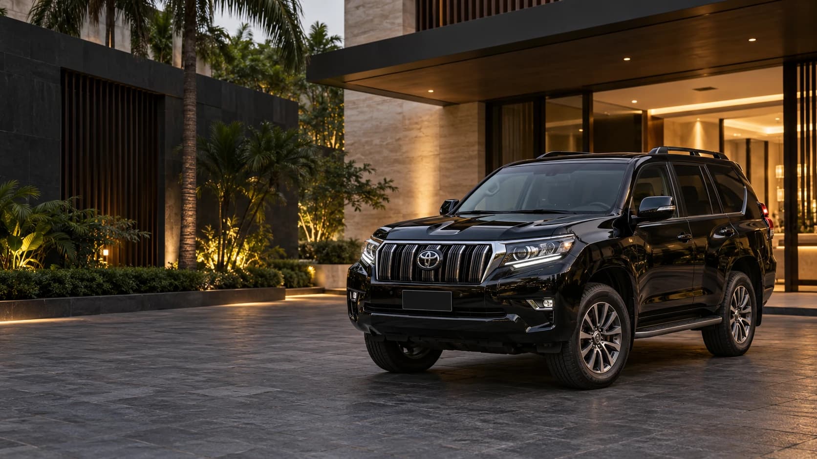 Black Toyota Prado at a quiet tropical arrival court